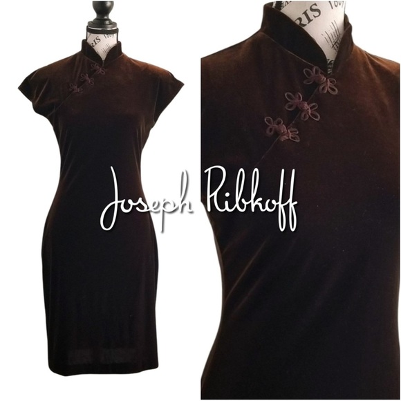 🇨🇦 Joseph Ribkoff Vamp 90s Brown Velvet Dress — Mandarin Collar Cheongsam - Picture 1 of 6